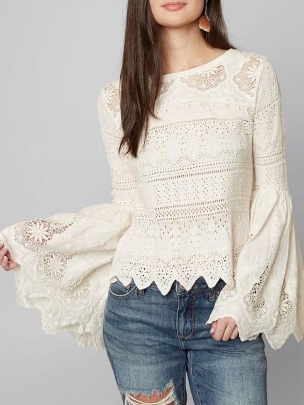 Free People “Once Upon a Time” Cream Crochet Open Knit Bell Sleeve Top - Size XS